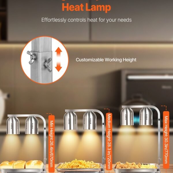 Alternative view of 500W Commercial Food Heat Lamp, 2×250W Infrared Bulbs, Adjustable Height, Stainless Steel